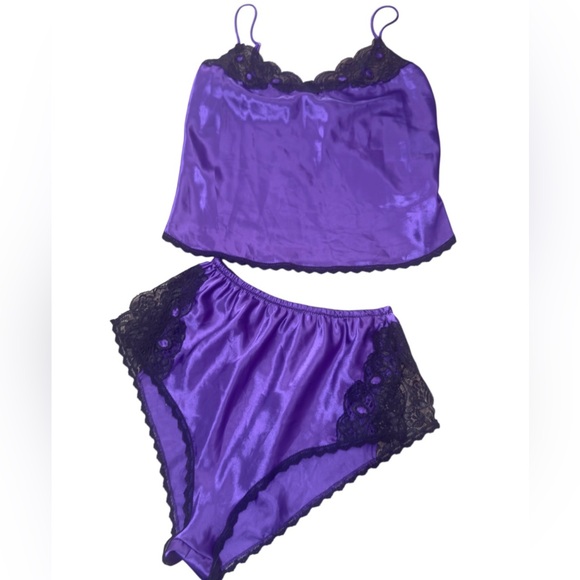 1980’s Christian Dior Camisole & Tap Pants Lingerie Set, Purple w/Black Lace, S - Picture 1 of 11
